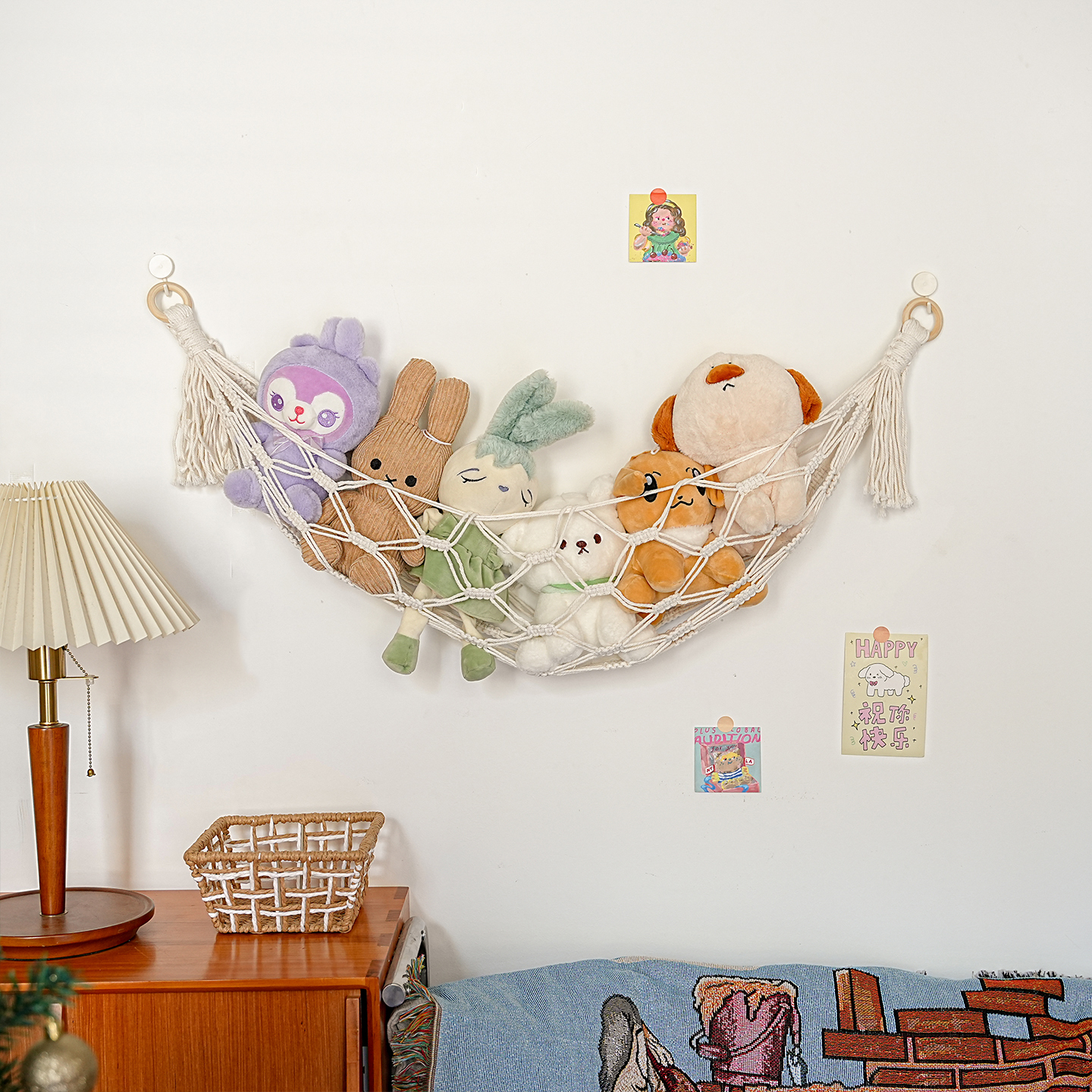 ins棉绳娃娃玩偶收纳网兜挂墙手工编织儿童玩具收纳墙上挂兜壁饰 - 图2