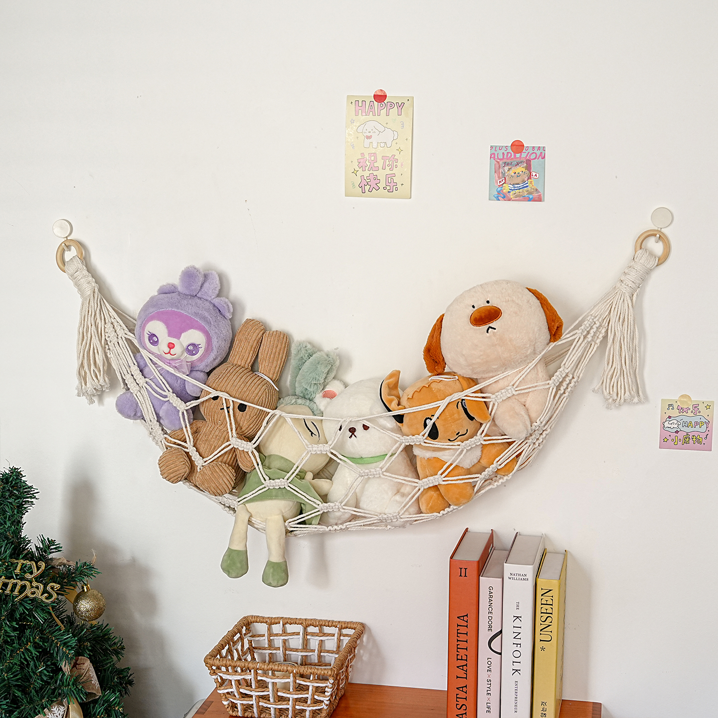 ins棉绳娃娃玩偶收纳网兜挂墙手工编织儿童玩具收纳墙上挂兜壁饰 - 图0