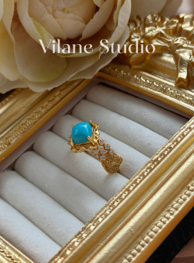 重工厚银镀18k金天然湖北原矿绿松石蓝松方块菱形纯银开口戒指