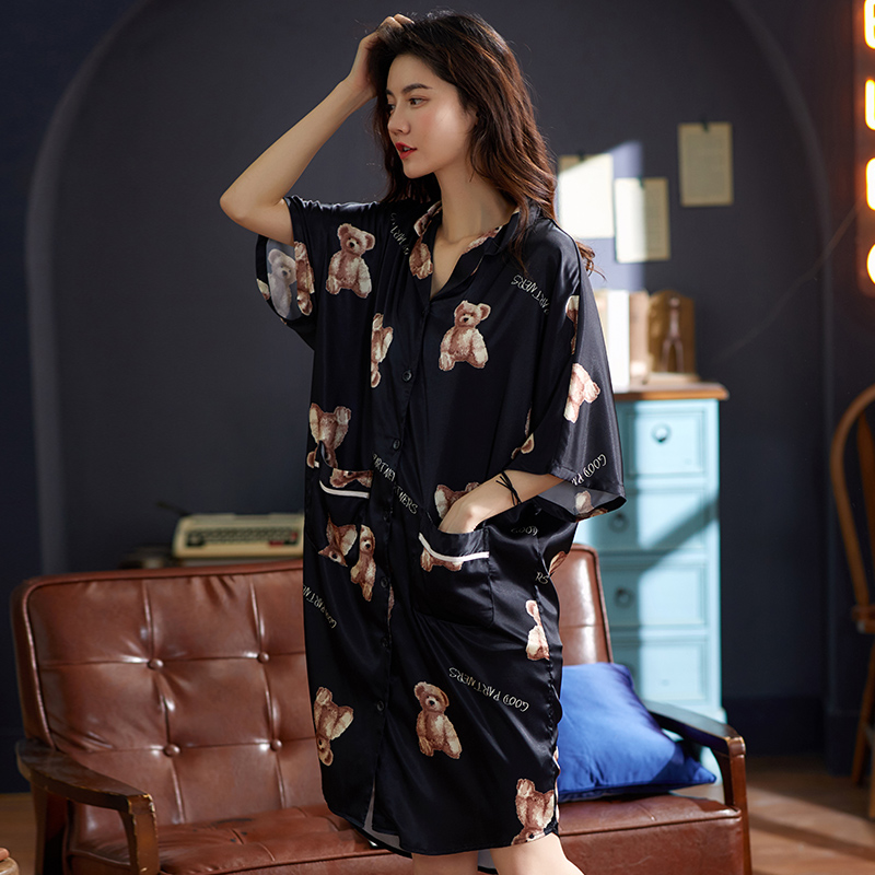 诺盾旗舰店新款冰丝睡裙女夏季薄款性感女士睡衣仿真丝绸短袖大码家居服1