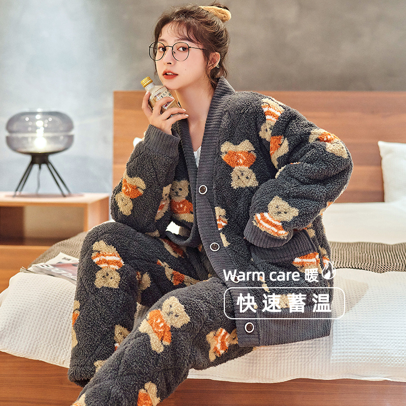 诺盾旗舰店珊瑚绒睡衣女冬季加厚加绒夹棉年新款法兰绒秋冬天家居服套装0