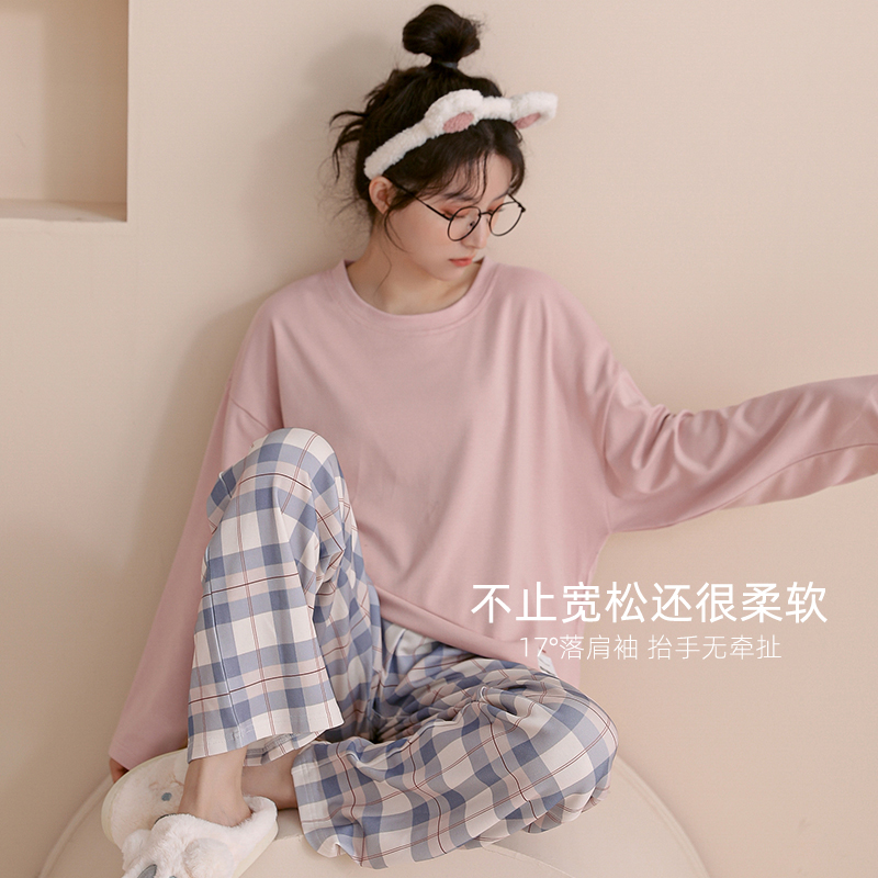 诺盾旗舰店夏季睡衣女春秋冬纯棉长袖韩版薄款年新款休闲家居服两件套装0