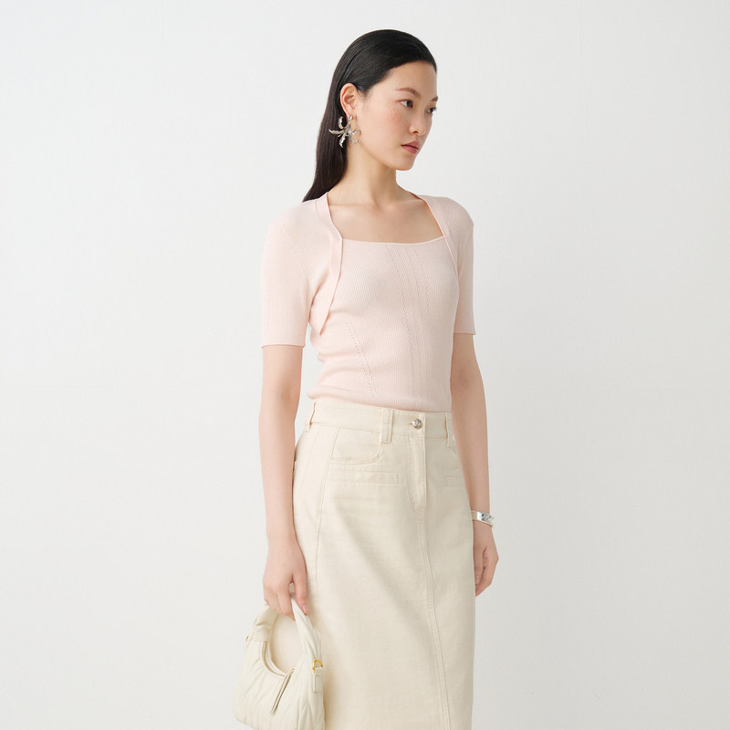 【商场同款】HPLY荷比俪秋季新款女收腰显瘦短袖假两件针织衫,淘宝优惠券,粉丝福利购,淘宝优惠卷