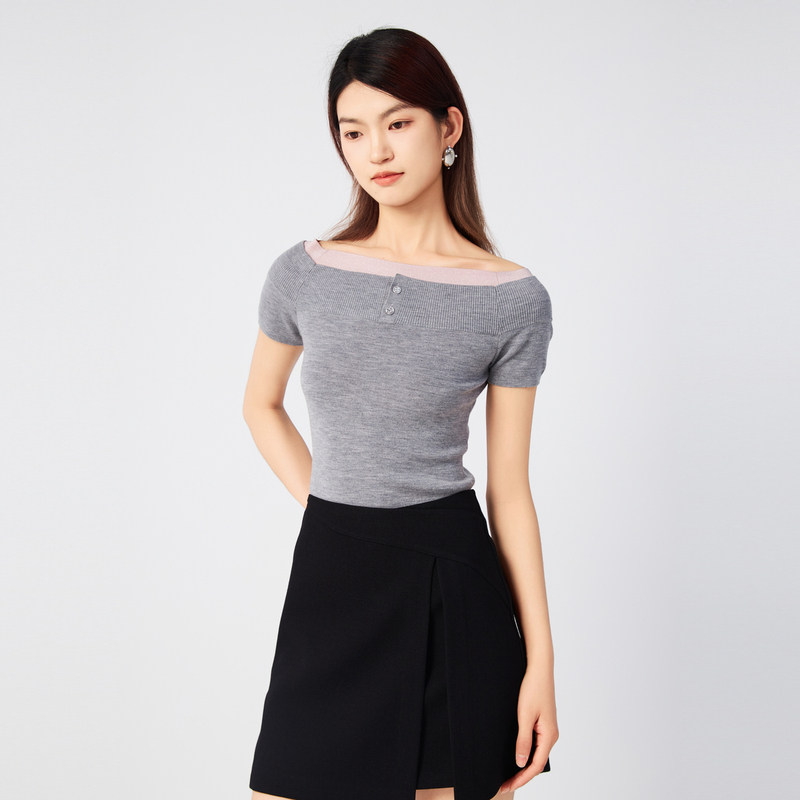 【商场同款】HPLY荷比俪秋季新款女一字肩两穿短袖修身毛衫,淘宝优惠券,粉丝福利购,淘宝优惠卷