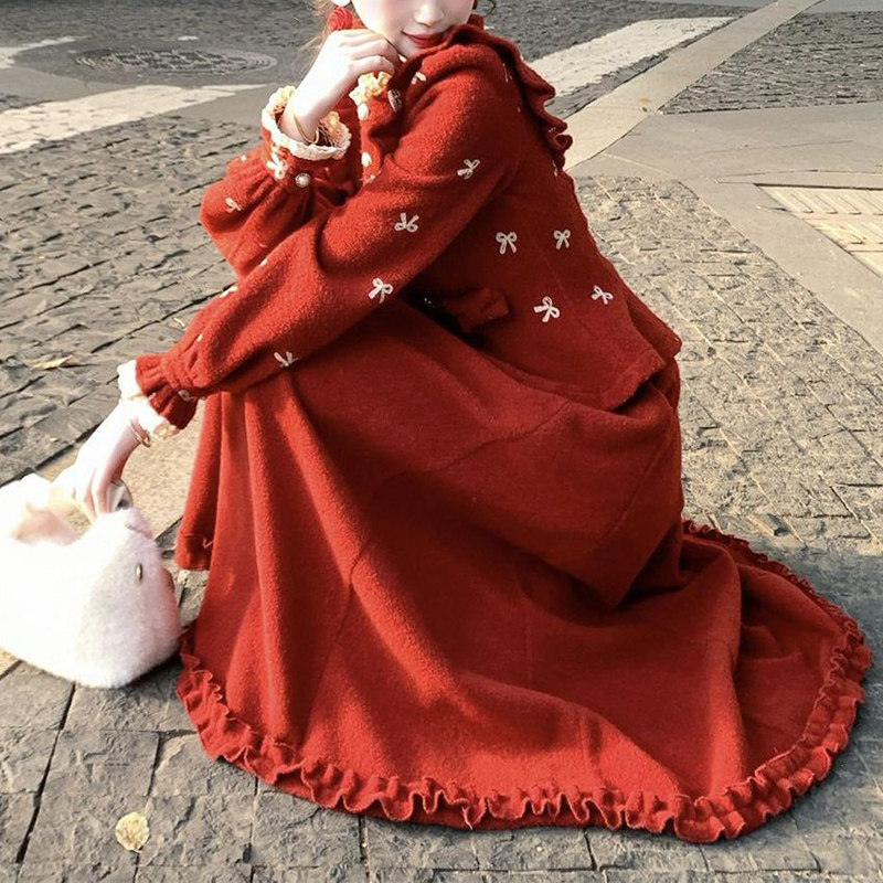 圣诞新年战袍套装女秋冬季木耳边收腰毛呢外套高腰半身裙子两件套,淘宝优惠券,粉丝福利购,淘宝优惠卷