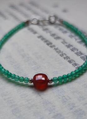超细2mm天然绿玉髓/蓝砂石手链 刻面红玛瑙925银扣手链