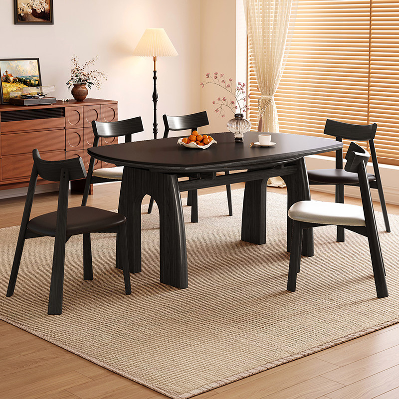 黑色复古实木岩板伸缩餐桌可变圆桌美式家用小户型折叠两用饭桌椅,淘宝优惠券,粉丝福利购,淘宝优惠卷