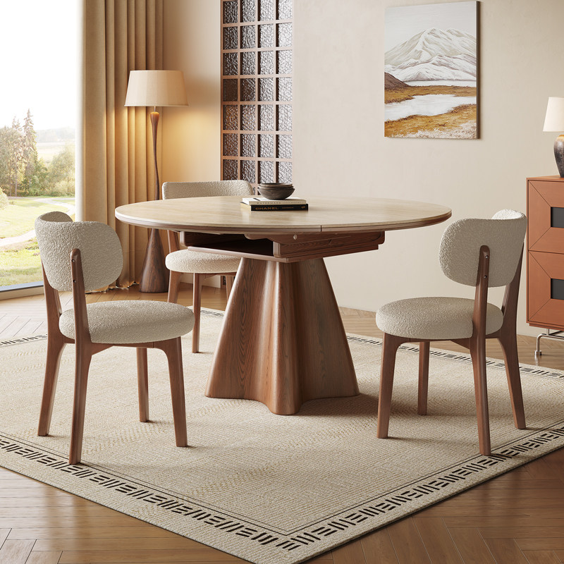 2026新款洞石岩板伸缩餐桌可变圆桌家用中古风折叠两用小户型饭桌,淘宝优惠券,粉丝福利购,淘宝优惠卷