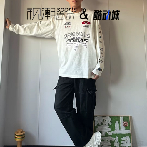 Adidas阿迪达斯白色男女赛车风宽松运动休闲针织长袖T恤KH1200 - 图1
