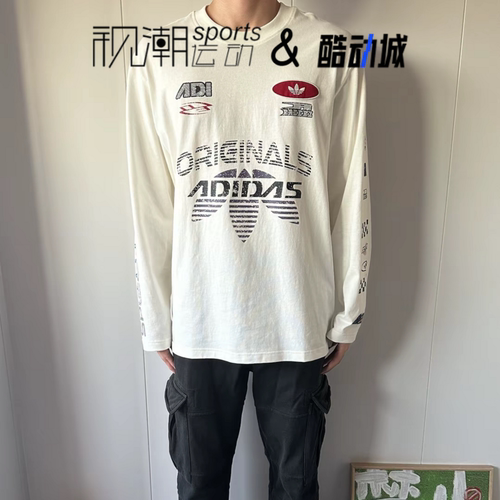 Adidas阿迪达斯白色男女赛车风宽松运动休闲针织长袖T恤KH1200 - 图0