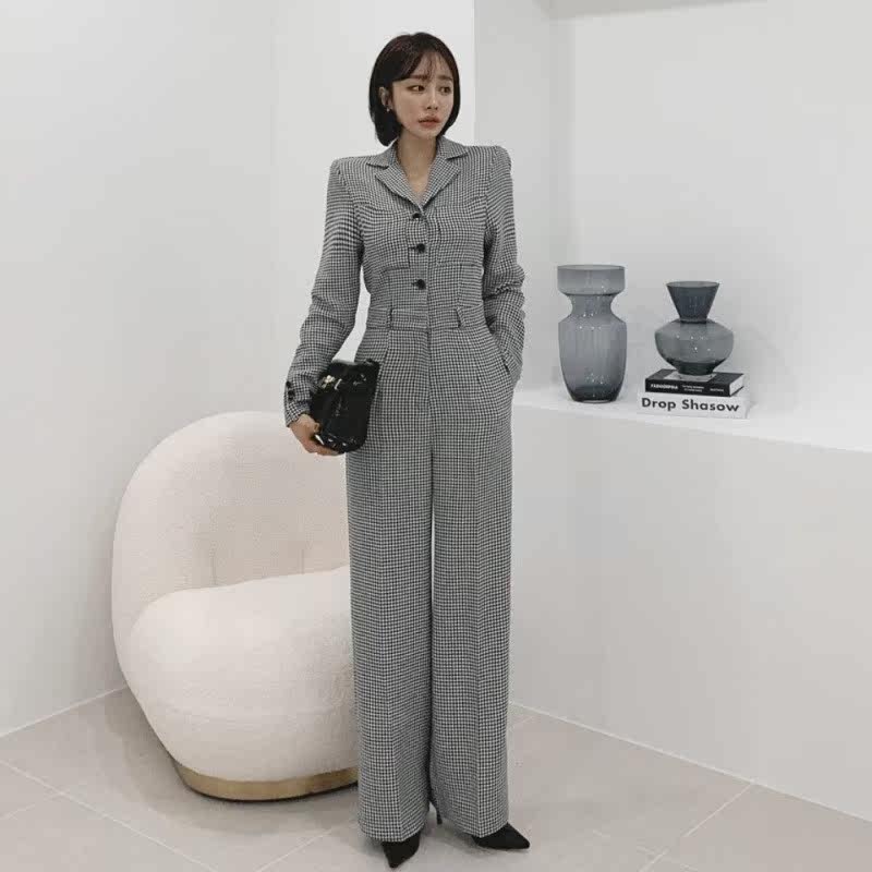 韩国there she is细格纹连体裤 cafe24海外连体衣/裤