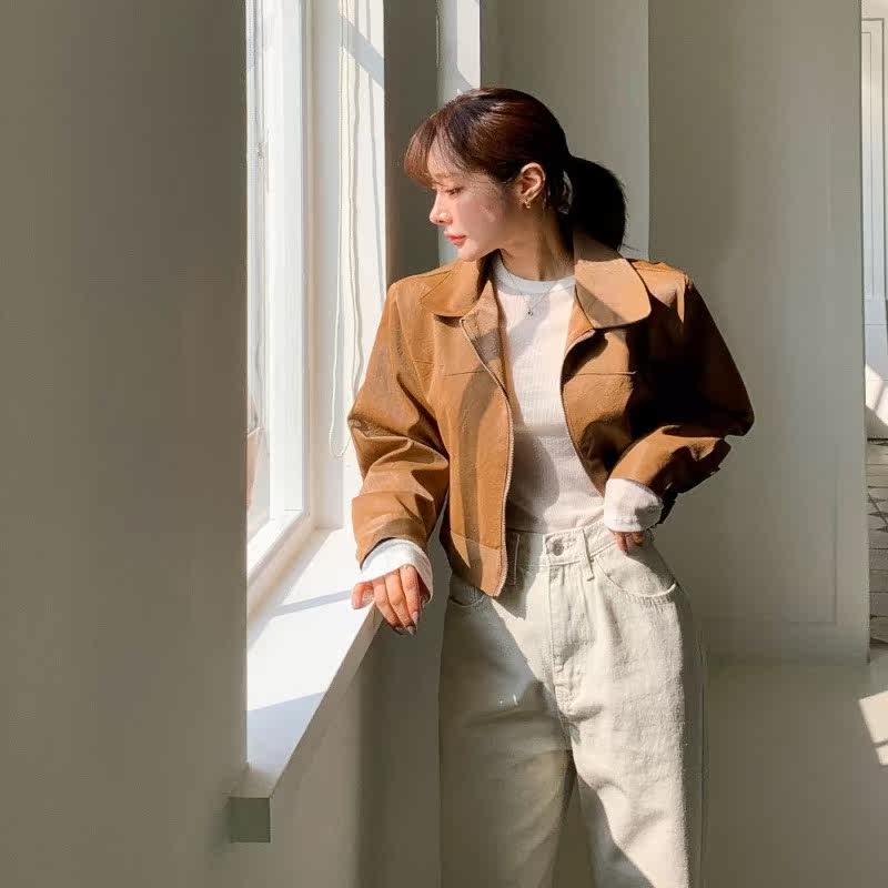 女款官方ins新款百搭翻领拉链夹克 cafe24海外短外套