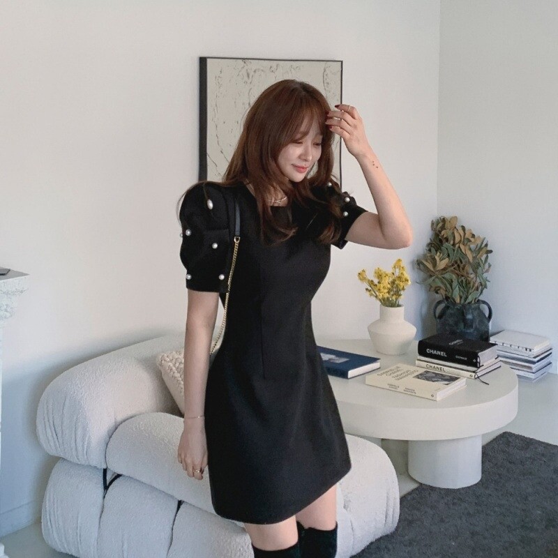 正品复古新款显瘦珍珠装饰连衣裙 cafe24海外连衣裙