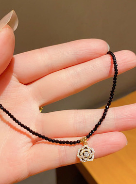 小众轻奢锆石玫瑰黑水晶项链