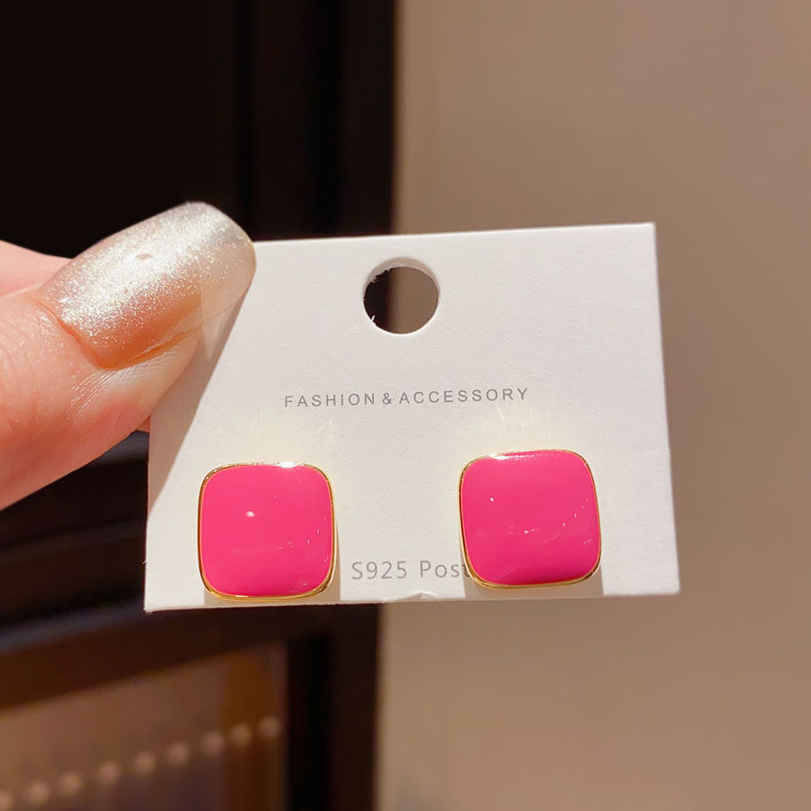 复古滴釉几何方形洋气玫红色耳钉女2025年新款潮耳环复古气质耳饰,淘宝优惠券,粉丝福利购,淘宝优惠卷