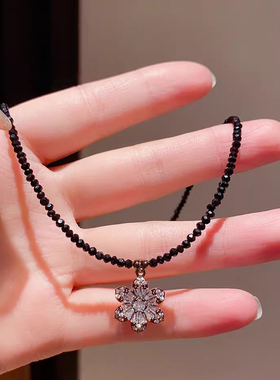 2025新款轻奢复古高级感黑水晶项链女锆石花瓣锁骨链颈链项圈配饰
