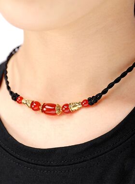 玛瑙吊坠民族风百搭锁骨项链男士女日韩复古简约个性学生黑绳饰品