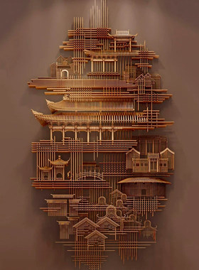 店大堂现代装饰画中式大型3D建筑立体高级艺术装置背景墙饰挂画