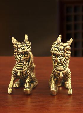 纯黄铜招财公母麒麟摆件
