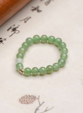 18K 和田玉碧玉3mm+金珠戒指玉石小众原创白玉礼物饰品