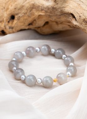 【月影疏疏】18k和田玉烟灰紫11mm+单圈手串天然珠宝灰珍珠清冷感