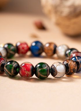 香灰琉璃12mm五彩多宝珠吞金兽单圈手串弹力绳民族风叠戴男女手饰