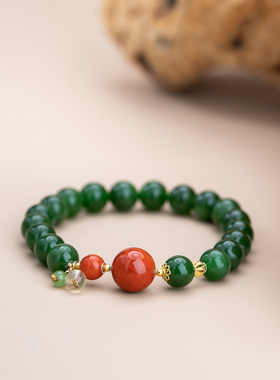 【春不晚】18k和田玉菠菜绿8mm单圈手串火焰纹南红高贵原创设计