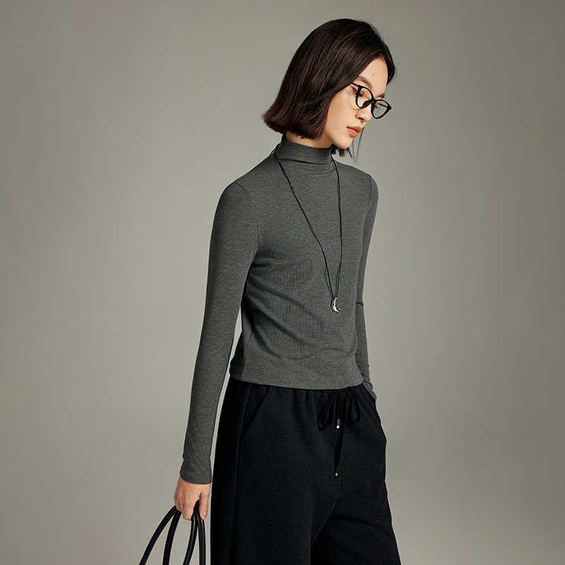 时尚深灰半高领打底衫女MOFAN摩凡2025冬新款百搭桑蚕丝修身上衣,淘宝优惠券,粉丝福利购,淘宝优惠卷