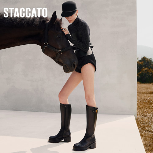思加图新款马鞍靴骑士靴厚底增高长靴高筒靴加绒女靴EEZ33DG5 - 图0
