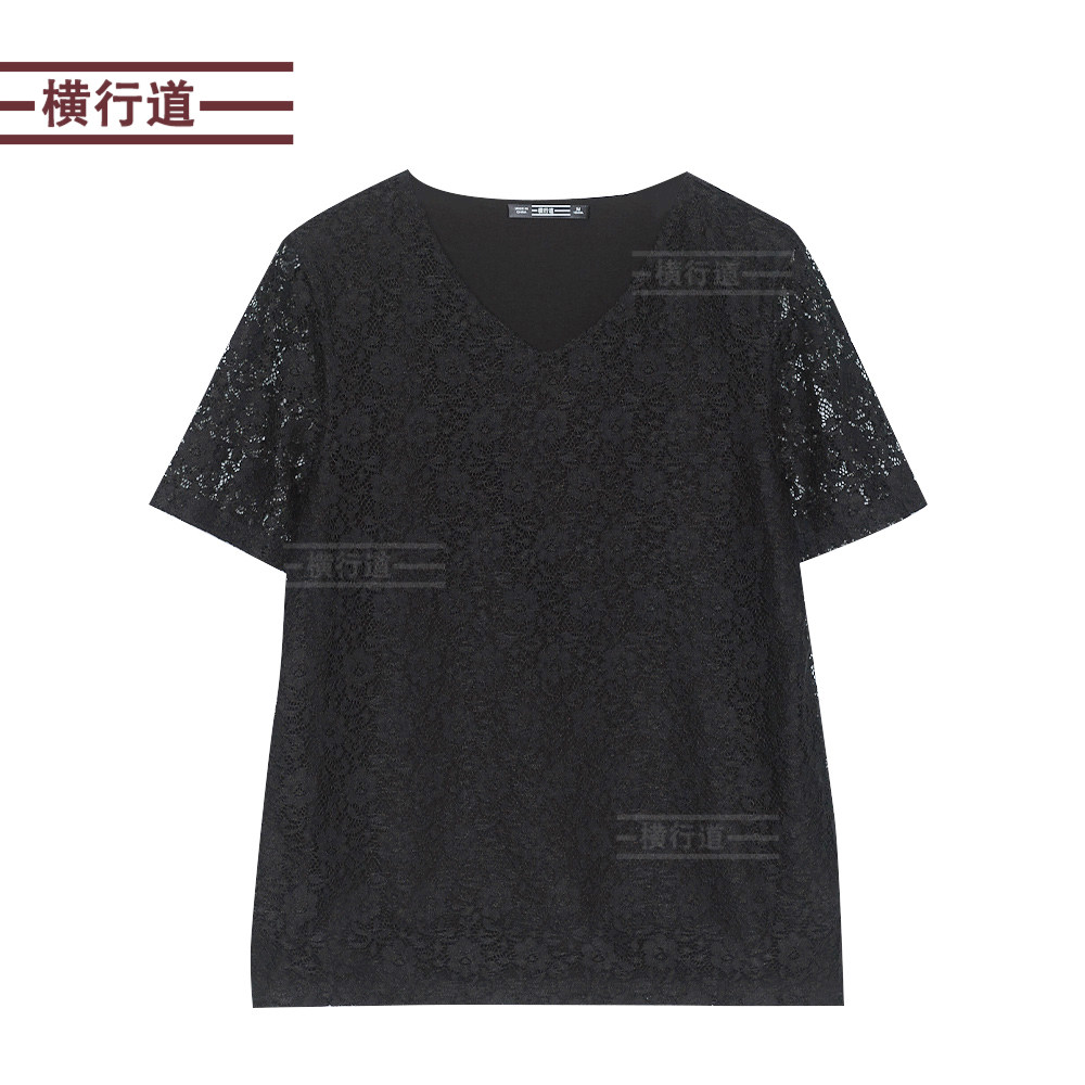 2022夏装新款v领妈妈蕾丝打底衫 横行道T恤