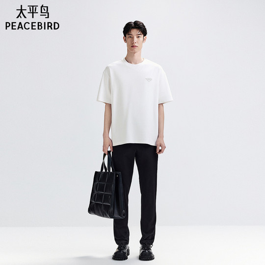 Peacebird men's short-sleeved T-shirt solid color summer embroidered white boys' youth versatile t-shirt