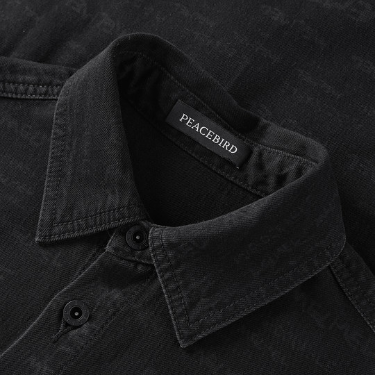 太平鸟男装 潮流休闲黑色长袖衬衫夏季黑色牛仔外套潮流