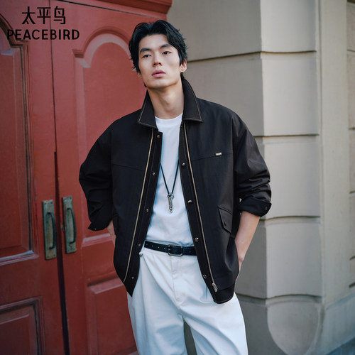 太平鸟男装 假两件行政夹克/哈灵顿立领PU夹克老钱风休闲外套潮流 - 图3