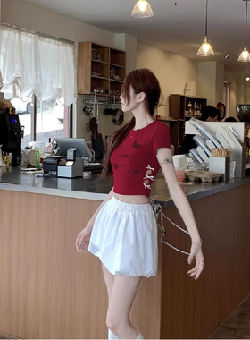 哇泰酷辣！蝴蝶结镂空短袖T恤女夏季小个子正肩修身辣妹短款上衣