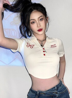 短袖T恤上衣女潮短款露脐Polo领