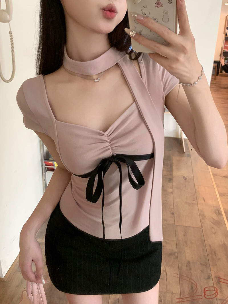 辣妹方领正肩短袖T恤女夏季纯欲蝴蝶结绑带独特别致修身短款上衣,淘宝优惠券,粉丝福利购,淘宝优惠卷