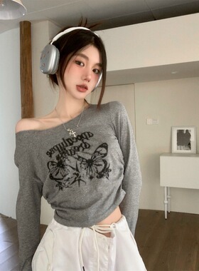 长袖T恤上衣设计感短款露脐印花