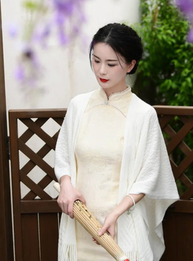 新中式旗袍披肩米白色外套苏州绍兴旅游拍照外搭礼服裙子日常开衫