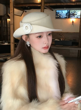 白色小香风留学千金风卷边礼帽女秋冬贵气名媛赫本风优雅气质盆帽