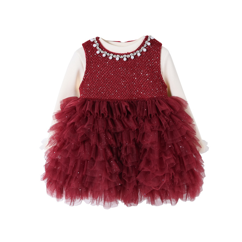 女童连衣裙2025年冬时髦珍珠红色加绒背心蛋糕裙子两件套周岁年服 - 图2