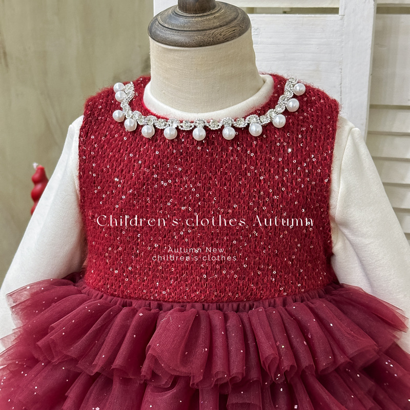 女童连衣裙2025年冬时髦珍珠红色加绒背心蛋糕裙子两件套周岁年服 - 图0