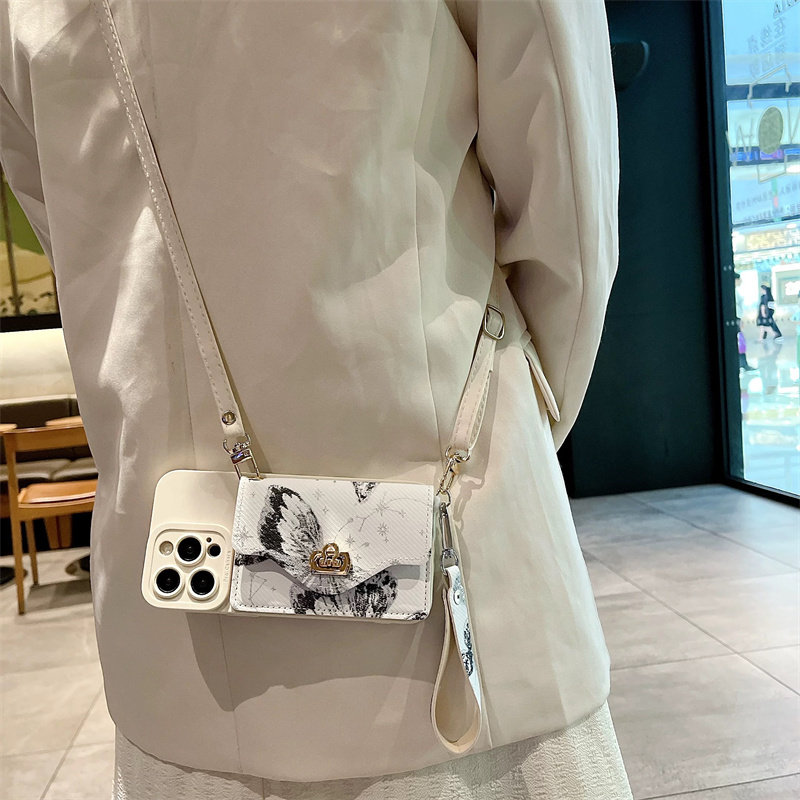 蝴蝶刺绣零钱卡包适用苹果15promax手机壳iPhone 14新款13pro轻奢12文艺11pm背带斜挎786plus挂绳XR软胶max女