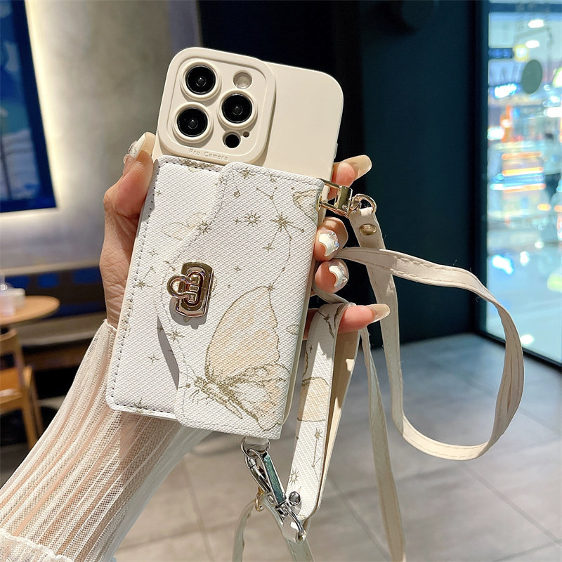 蝴蝶刺绣零钱卡包适用苹果15promax手机壳iPhone 14新款13pro轻奢12文艺11pm背带斜挎786plus挂绳XR软胶max女