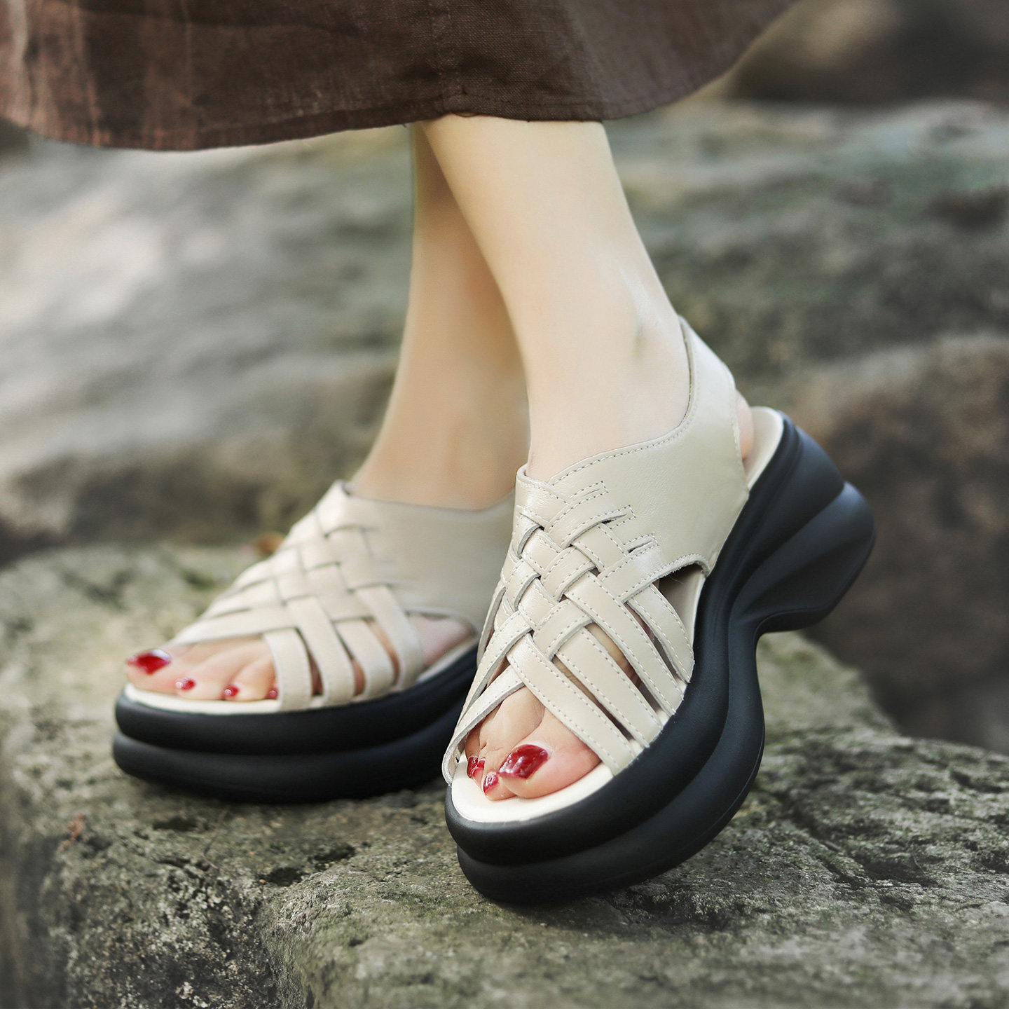 头层牛皮编织凉鞋女厚底坡跟增高露趾鱼嘴鞋真皮复古休闲罗马凉鞋,淘宝优惠券,粉丝福利购,淘宝优惠卷