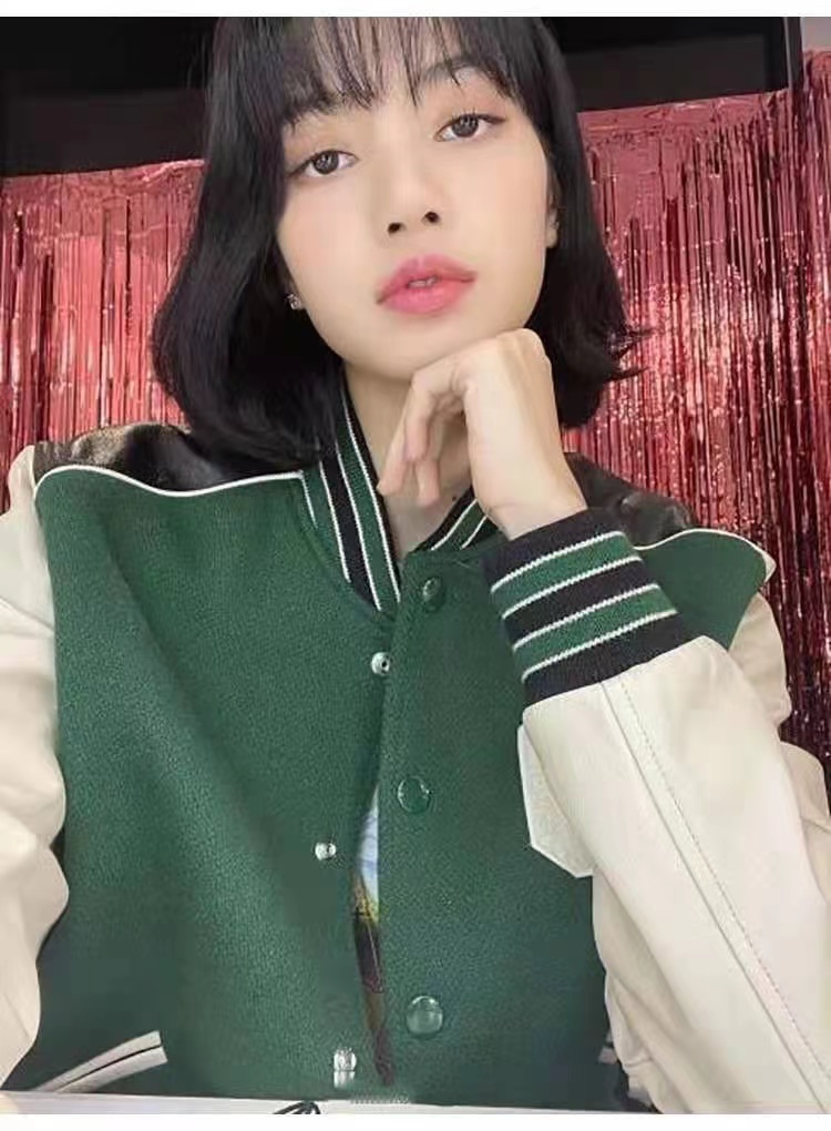 欧阳娜娜Lisa同款绿色拼接c字棒球服女潮牌ins宽松飞行夹克外套女 - 图0