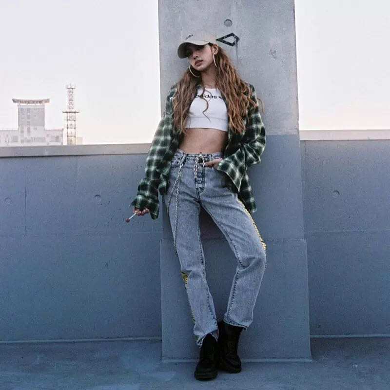 lisa同款格子墨绿衬衣宽松外套跳舞衣服街舞hiphop上衣嘻哈风女装 - 图2