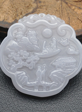 琉璃山水吊坠挂件仿古雕刻如意锁型项坠烟灰色古风腰佩毛衣坠挂坠