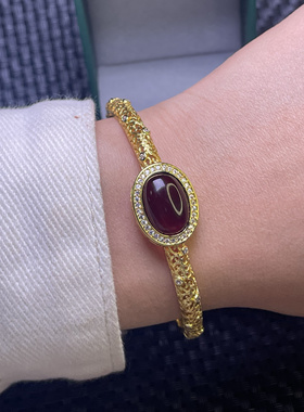 天然原矿血珀手环14X10MM蛋面925银镀金镶嵌宫廷镂空手镯开口细款