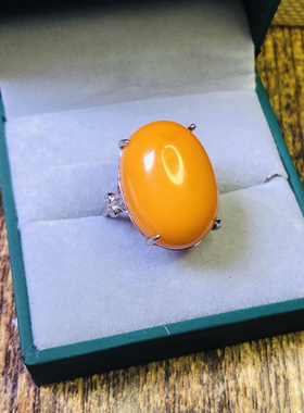 S925纯银镶嵌天然蜜蜡22x16MM戒指鸡油黄男女款指环饰品琥珀活口