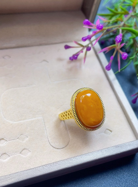 天然蜜蜡戒指男女款琥珀925银镶嵌满蜜老蜜鸡油黄复古款活口